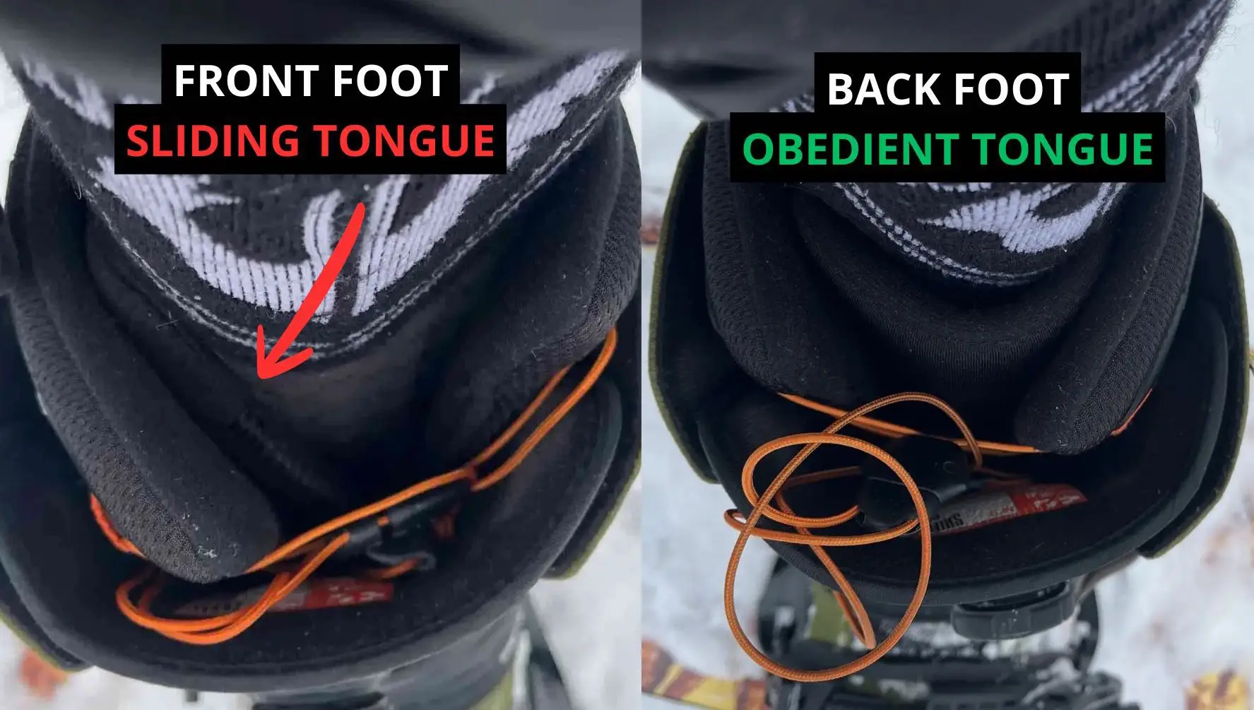 Side-by-side comparison of ThirtyTwo Shifty snowboard boots: front foot tongue sliding to the side (marked with a red arrow) versus back foot tongue staying centered and in place.