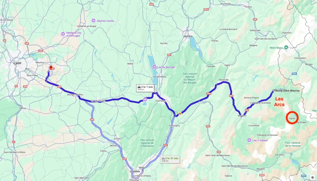 Map showing the driving route from Lyon to Bourg-Saint-Maurice/Les Arcs, with the path highlighted in blue and Tignes circled on the right.