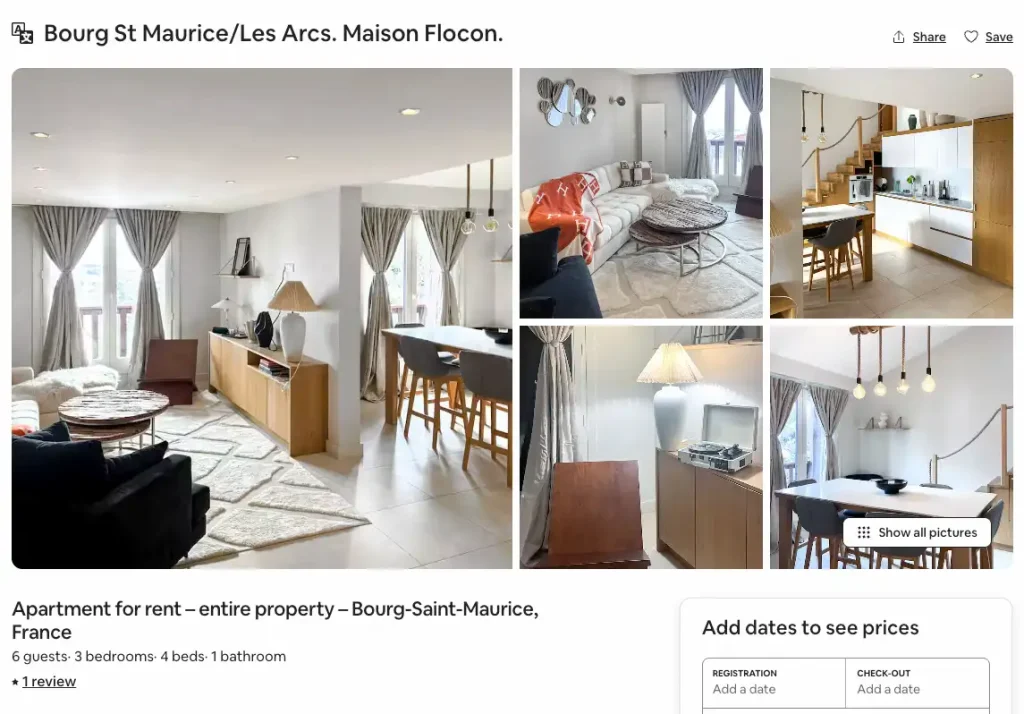 Screenshot of an Airbnb listing for “Bourg St Maurice/Les Arcs – Maison Flocon,” showing photos of a bright living room, dining area, and kitchen in Bourg-Saint-Maurice, France.