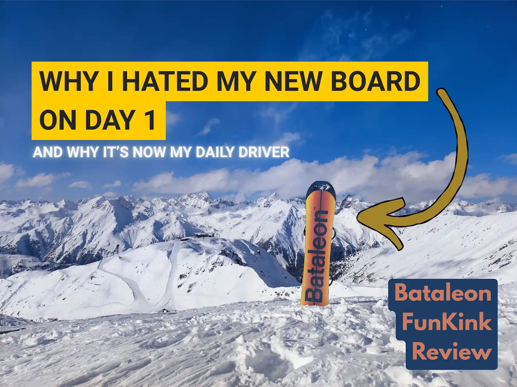 Snowy mountain panorama with a Bataleon snowboard standing upright in the snow, overlaid text “Why I hated my new board on day 1” and “Bataleon FunKink review” with an arrow pointing to the board.